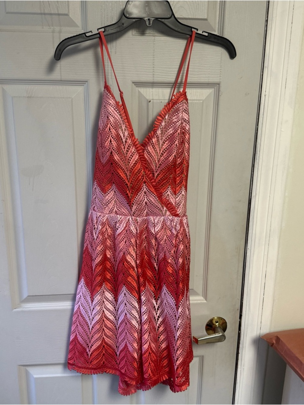 Red & Pink Spaghetti Strap Lace Romper criss cross back